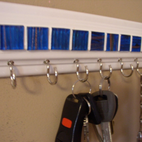 READY TO SHIP Key Rack w/ Turquoise glass mosaic tile  9 " long w/ 7 hooks key rack in mint green. Glasses,leash,key holder
