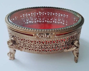 Vintage Victorian Jewelry Box - Angel Cherub - Beautiful Gold Filigree - Floral Dresser Vintage Trinket Box
