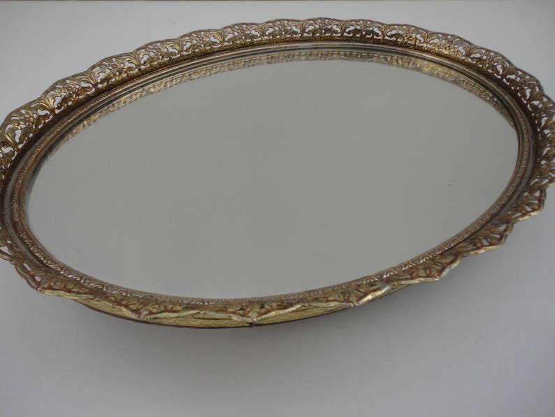 Large Gold Metal Vanity Tray Mirror Delicate Filigree Large Gold Metal Vanity Tray Mirror