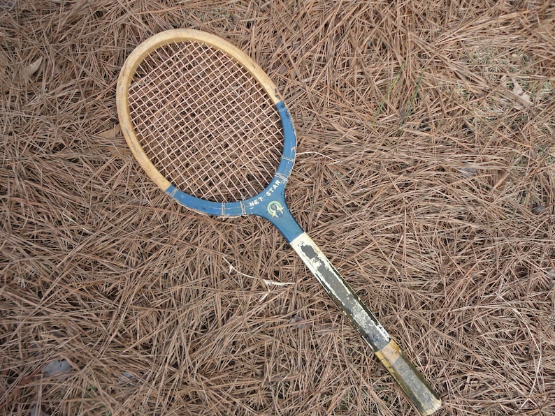 wall hanging Vintage old wood tennis racket,distressed worn old racket game room decor blue white net star sport decor