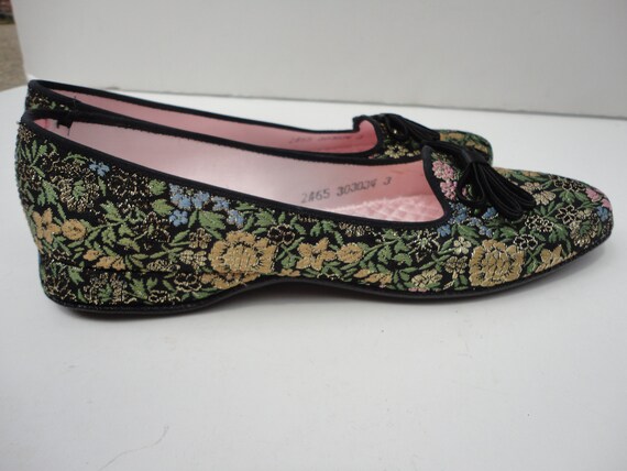 Daniel Green Floral Metallic Brocade Slippers Bedroom Slippers House Shoes 1960 S 1970s Renaissance Oriental Black Gold Size 6