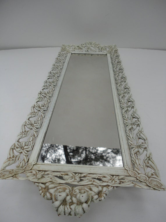 Rare White Vintage Metal Long Rectangle Vanity Tray Mirror Shabby Chic Bathroom Antique Style Dresser Art Deco Large Perfume