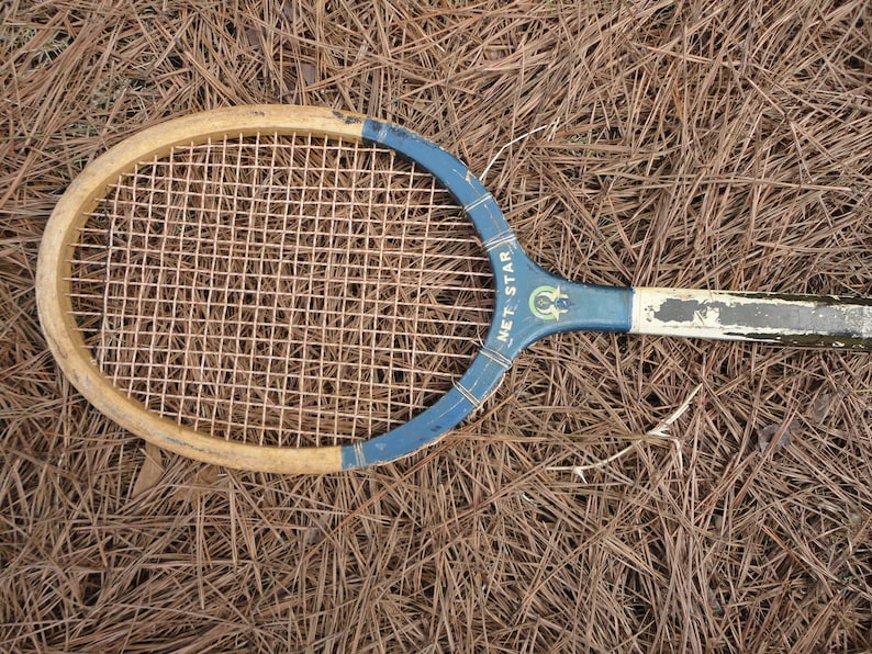 wall hanging Vintage old wood tennis racket,distressed worn old racket game room decor blue white net star sport decor