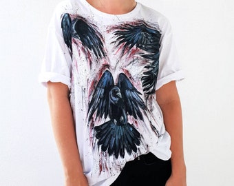 Unisex Unique handpainted tshirt Crows tshirt Designer clothing Designer tshirt Art tshirt