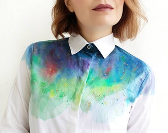 Hand dyed rainbow blouse Women handmade blouse Rainbow paint buttons up shirt Colorful shirt Unique women shirt Rainbow blouse