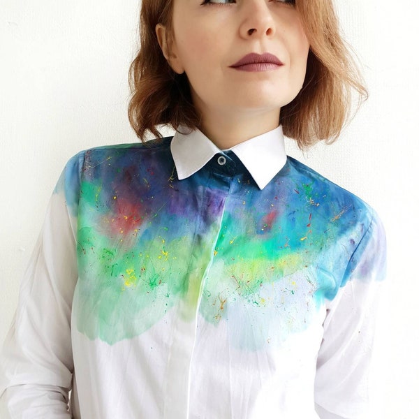 Hand dyed rainbow blouse Women handmade blouse Rainbow paint buttons up shirt Colorful shirt Unique women shirt Rainbow blouse