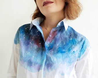 Hand dyed Galaxy unique blouse Dyed women shirt Painted blouse Designer women  clothes White buttons up shirt Unique shirt