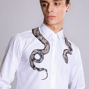 Snake shirt Mens white fashion shirt Buttons down shirt Buttons up shirt Bold shirt Unique clothing Handpainted shirt Designer shirt