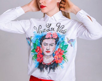 Frida shirt Frida blouse Unique handpanted shirt Frida clothing Designer shirt Designer blouse