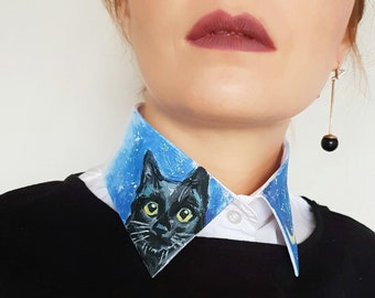 Black cat collar Cat Moon collar Fake collar Cat accessories Cat top Shirt collar Handpainted collar