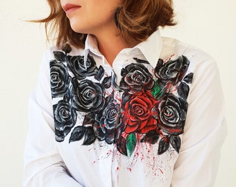 Size S/M Roses shirt Buttons down shirt White buttons up shirt Unique shirt Designer clothing Handpainted shirt Art shirt