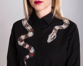 Snake shirt Black button up shirt Black blouse Snake blouse  Designer shirt Unique shirt Handpainted shirt Snake clothing