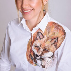 Fox blouse Fox shirt White buttons up shirt Fun shirt Cute shirt Long sleeve top Fox lovers gift Fox clothing Fox top Painted shirt image 2