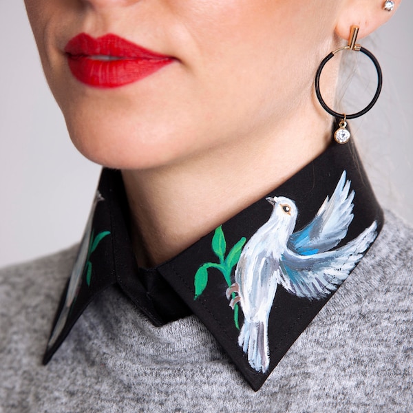 Abnehmbarer Kragen handbemalt einzigartiger Kragen Fake Kragen weiße Taube Accessoire Designer Kleidung einzigartige Kleidung Slow Fashion Kunst Mode