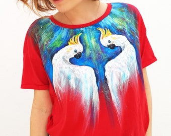 SIZE S/M Unique handpainted tshirt Cockatoo tshirt Tropical birds Tshirt Designer clothing Handpainted tshirt Designer tshirt