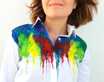 Paint splash shirt Rainbow shirt Designer shirt Hadpainted shirt Designer blouse Painted shirt