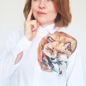 Fox blouse Fox shirt White buttons up shirt Fun shirt Cute shirt Long sleeve top Fox lovers gift Fox clothing Fox top Painted shirt image 1