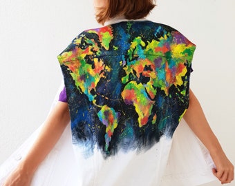 Handpainted Custom denim jacket World map jacket Unique jacket  Sleeveless jacket Painted jacket Art jacket Custom jacket Traveler gift