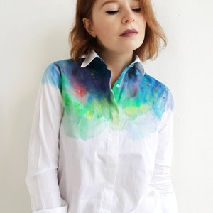 Hand dyed rainbow blouse Women handmade blouse Rainbow paint buttons up shirt Colorful shirt Unique women shirt Rainbow blouse image 2