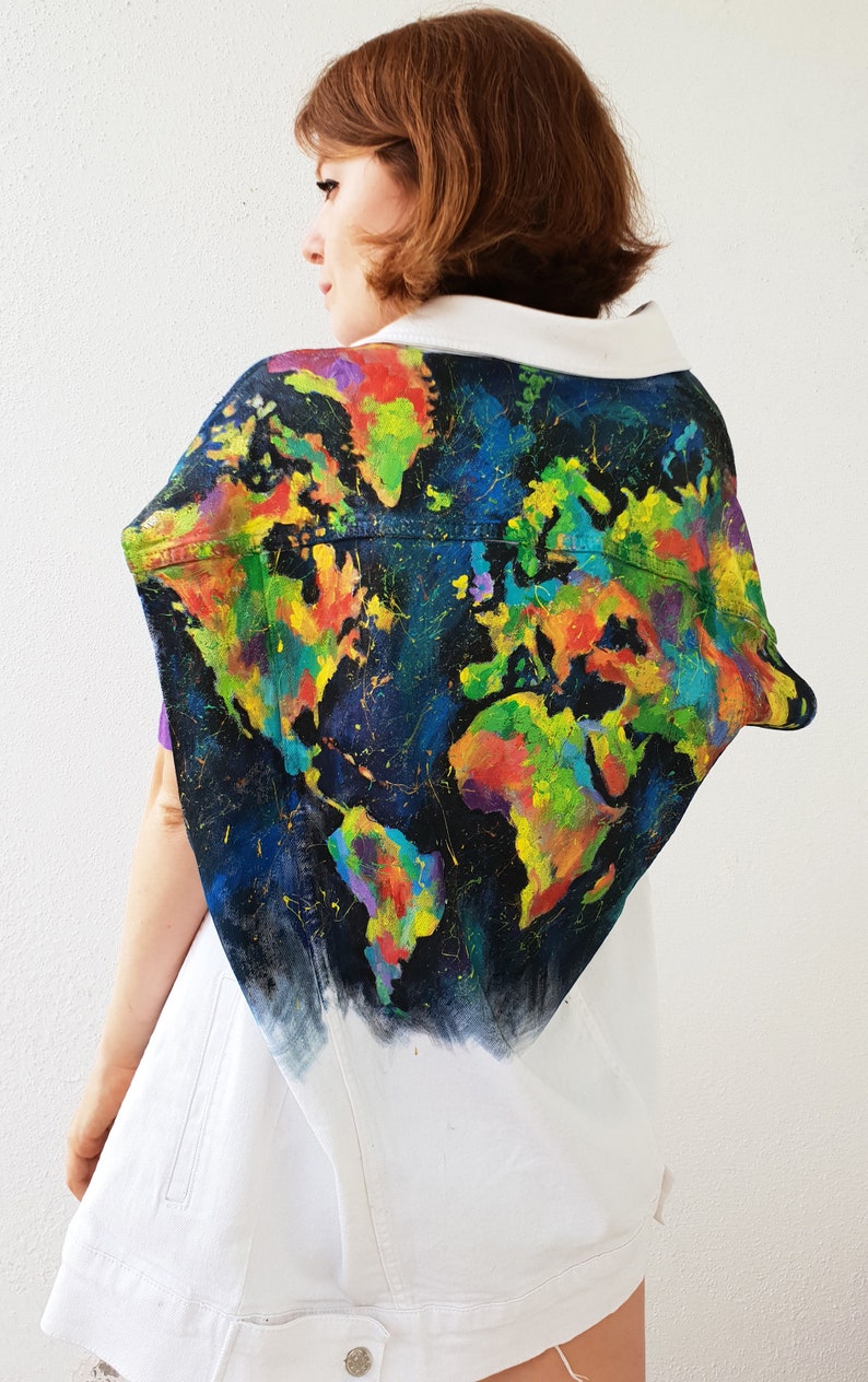 Handpainted Custom denim jacket World map jacket Unique jacket Sleeveless jacket Painted jacket Art jacket Custom jacket Traveler gift image 2