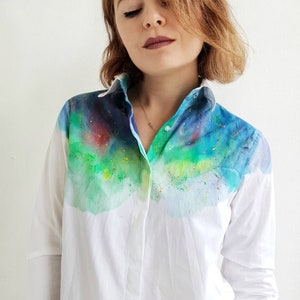 Hand dyed rainbow blouse Women handmade blouse Rainbow paint buttons up shirt Colorful shirt Unique women shirt Rainbow blouse image 3