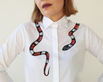 Snake shirt Coral Snake blouse shirt Unique designer buttons up shirt Unique blouse Handpainted shirt Coral snake shirt Designer clothing