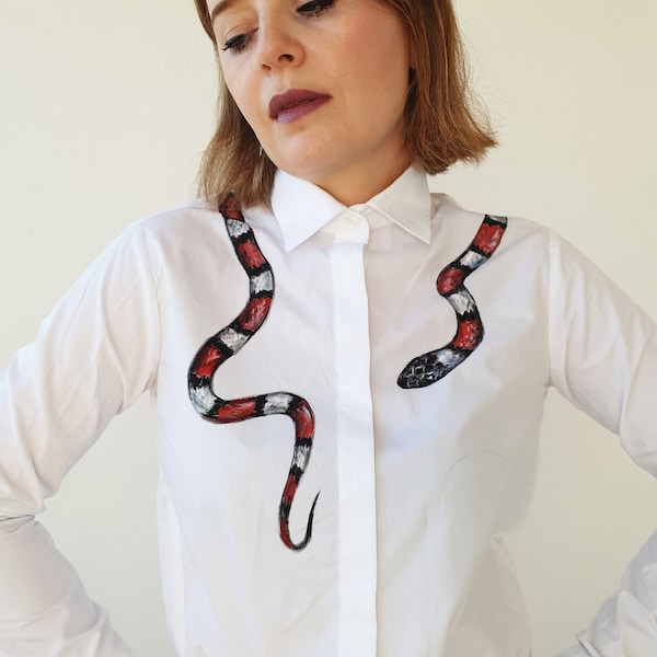 Snake shirt Coral Snake blouse shirt Unique designer buttons up shirt Unique blouse Handpainted shirt Coral snake shirt Designer clothing