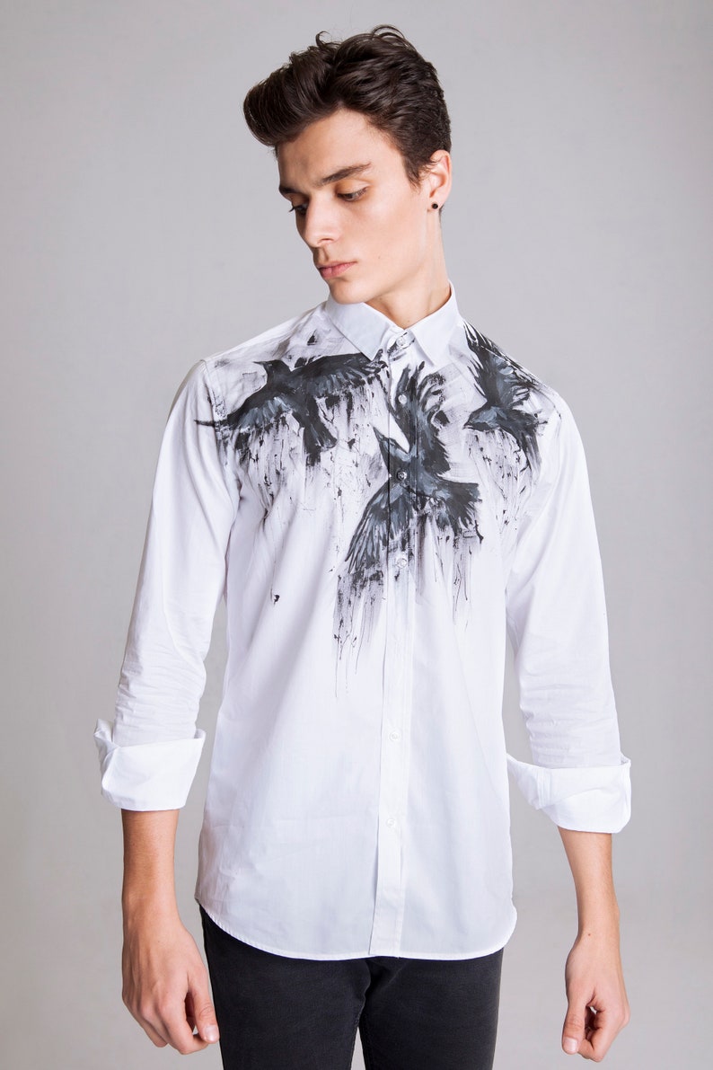 Designer Men Shirt Raven Shirt Unique Buttons up Shirt Men's Designer clothing Street style fashion shirt Unique men's clothing image 2