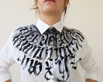 Unique women blouse Calligraphy handpainted women blouse Black and white blouse Designer buttons up shirt Unique shirt  Painted shirt