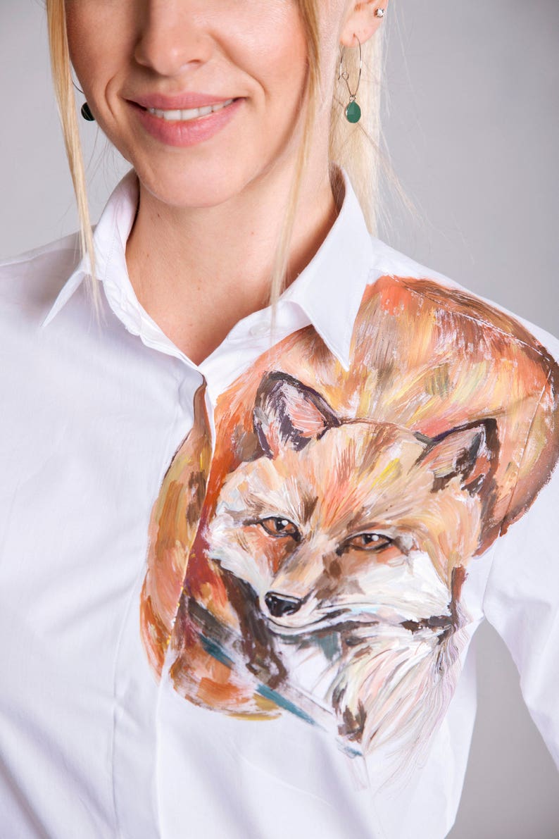 Fox blouse Fox shirt White buttons up shirt Fun shirt Cute shirt Long sleeve top Fox lovers gift Fox clothing Fox top Painted shirt image 5