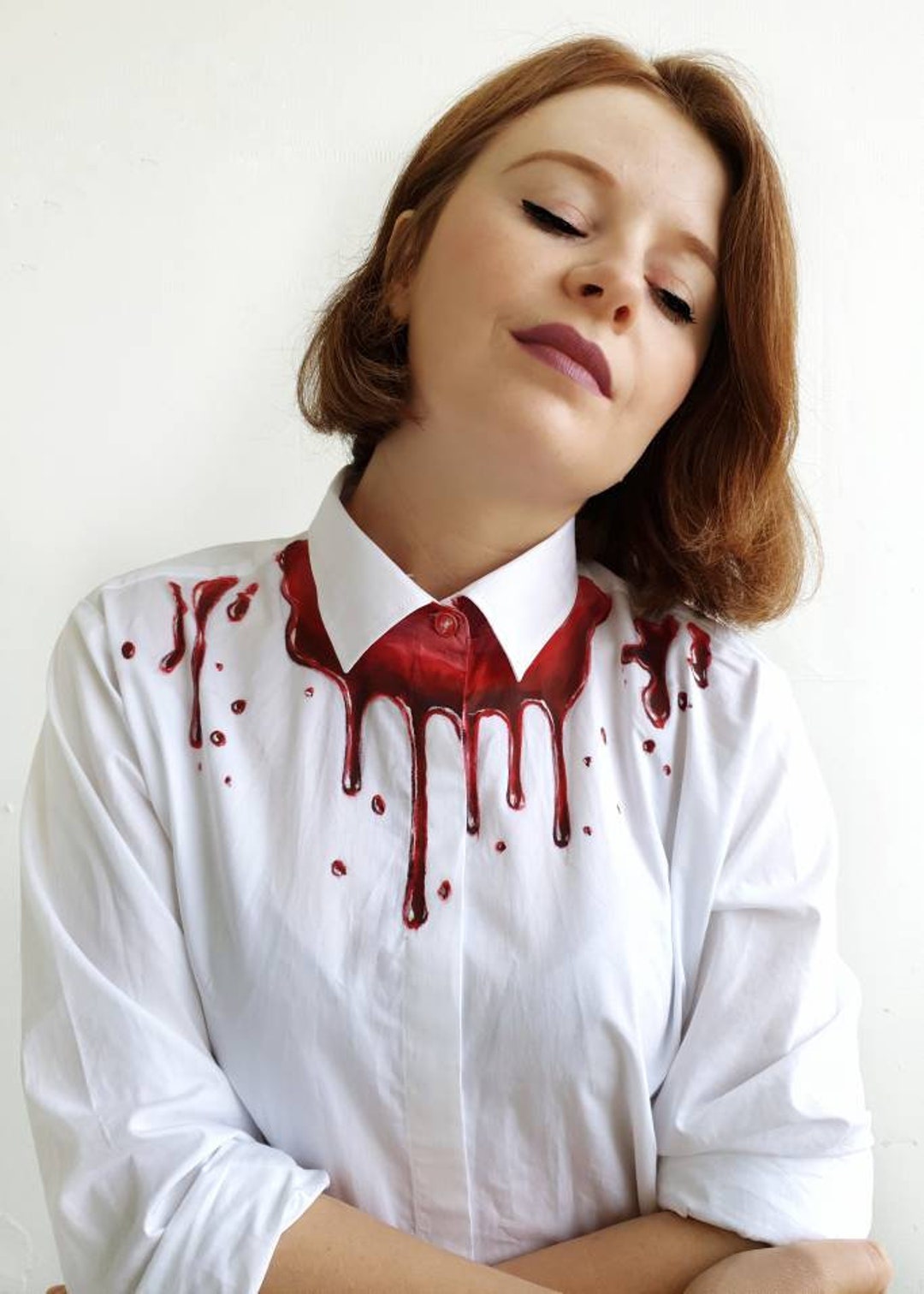 Chemise Homme Halloween Motif éclaboussures De Sang - Manches Longues, Col Revers - Déguisement Horreur