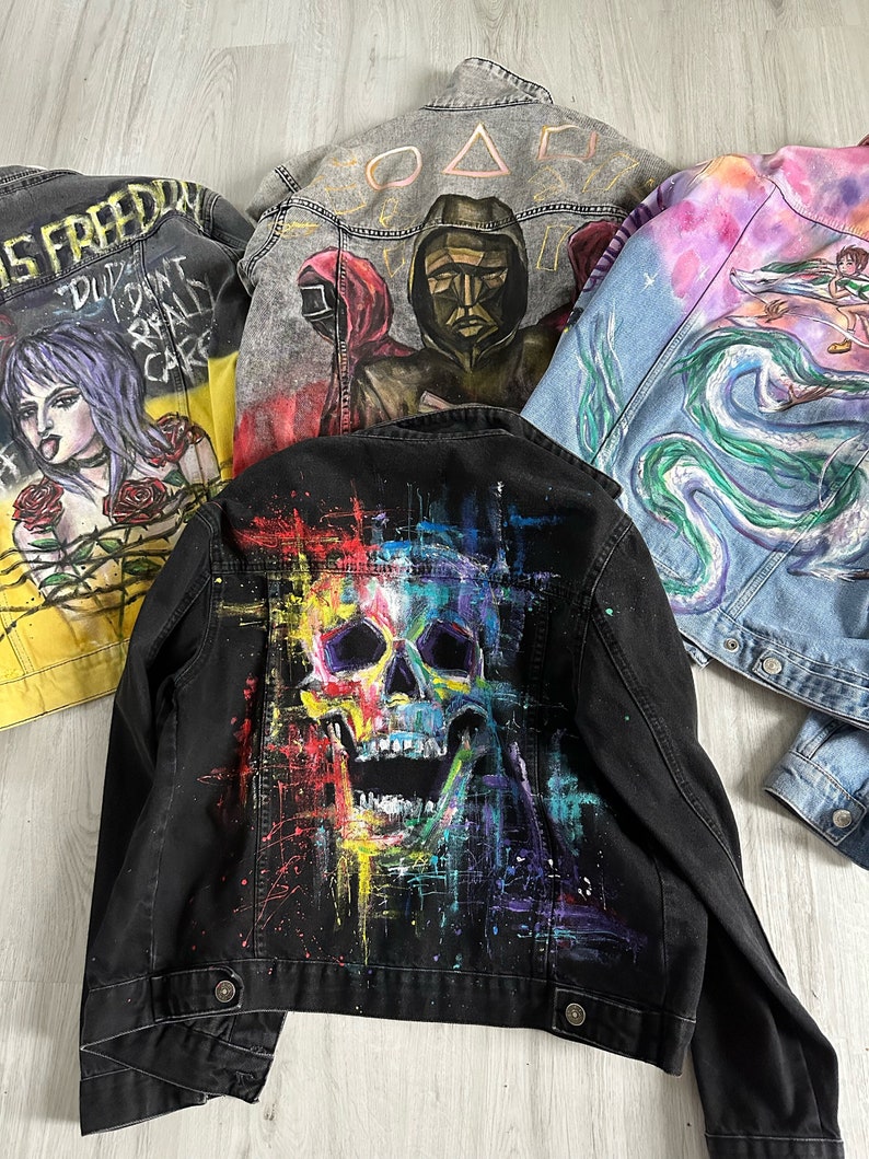 Custom Painted Jacket Sale Unique Painted denim jacket, pop culture jacket,custom made jacket,anime jacket,skull jacket image 1