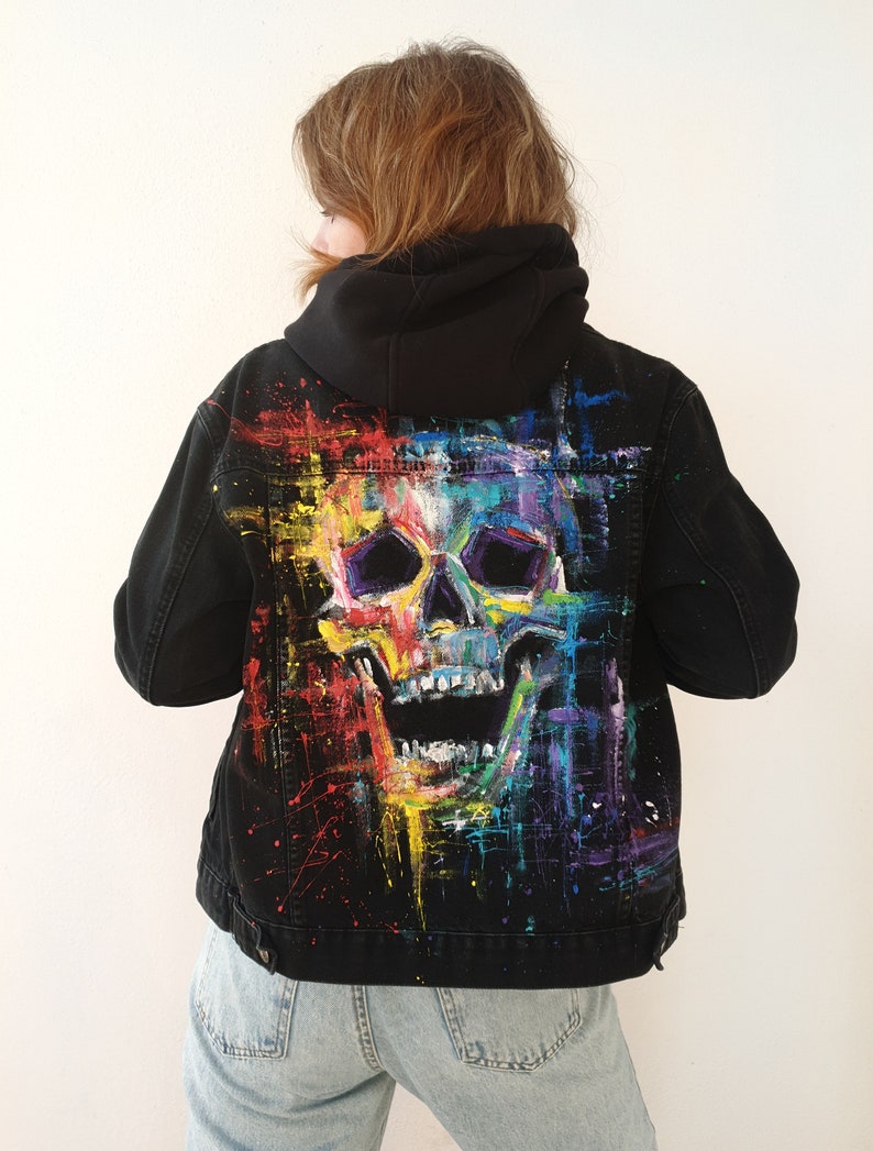 Custom Painted Jacket Sale Unique Painted denim jacket, pop culture jacket,custom made jacket,anime jacket,skull jacket image 2