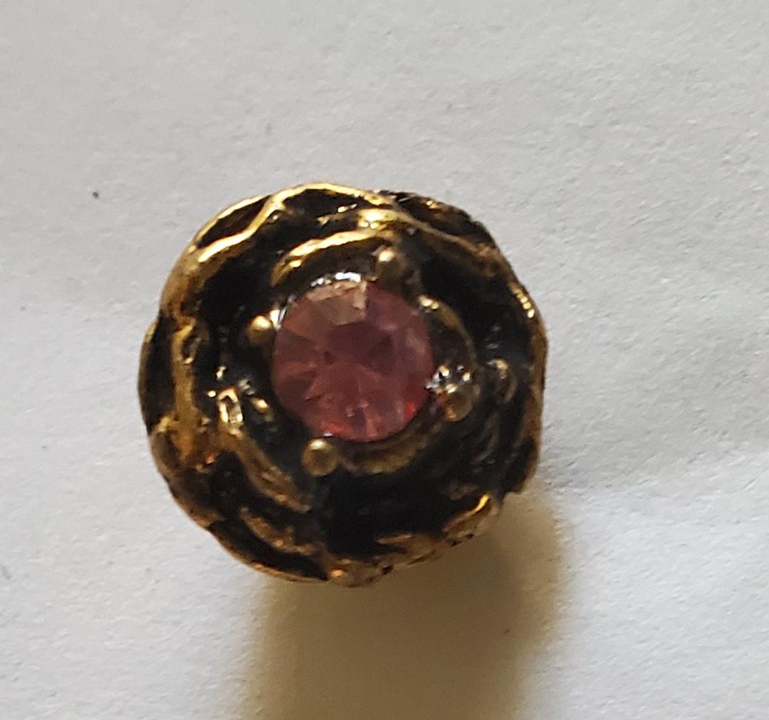 Antique Rosebud Cast Brass Pink Stone Shank Back Buttons 16L - 3/8
