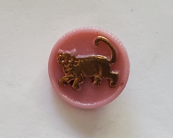 Round Pink Milk Glass with Raised Gold Cat Center - Self Shank Back Vintage Buttons 20L - 11/20" - 14mm Crafts Sewing Jewelry Knit (B329A)