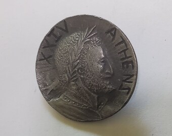 Botones vintage de metal fundido con acabado peltre y vástago de moneda de Atenas, 45 L - 1 1/8" - 29 mm (B99)