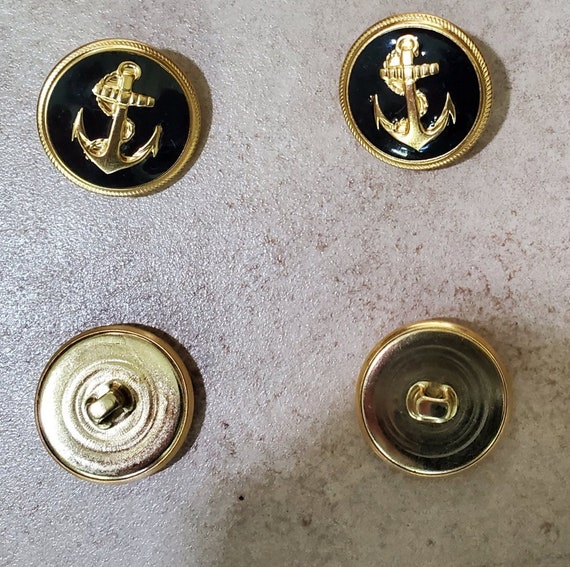 Vintage Black Enamel Anchor Buttons: Gold Metal Rim Shank 36L - 7