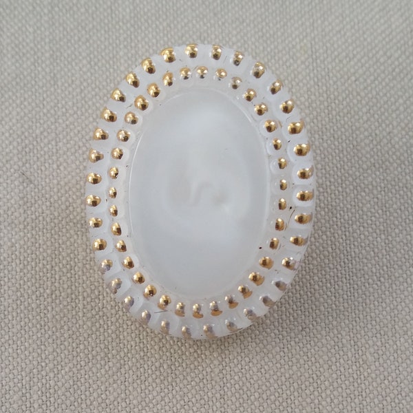 White Frosted Glass & Gold Tone Metal Bead Rim Oval Ritz Trading Co 1940's ANTIQUE BUTTONS - Shank Back 30L - 3/4" - 19mm (B79)