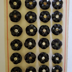 Royal Ebony #CM 1037 Austria - US Zone Black Jet Glass Strass Ctr Flower Antique Buttons - 30L - 3/4" - 19mm (B110)