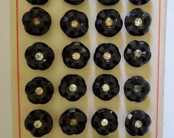 Botones antiguos de cristal negro azabache en cartón: centro de estrás de 22 L - 11/20" - 14 mm (B111)