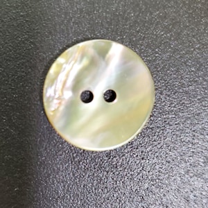 May include: A two-hole, round, iridescent, mother-of-pearl button.