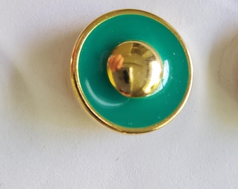 12 Plastic Green & Gold Shank Vintage Buttons 32L - 13/16" - 20mm (B251C)