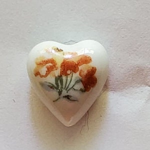 White Porcelain Heart with Orange Tiger Lily - Shank Back ANTIQUE BUTTON 22L - 11/20" - 14mm Craft Jewelry Clothing Sewing Knit (B167B)