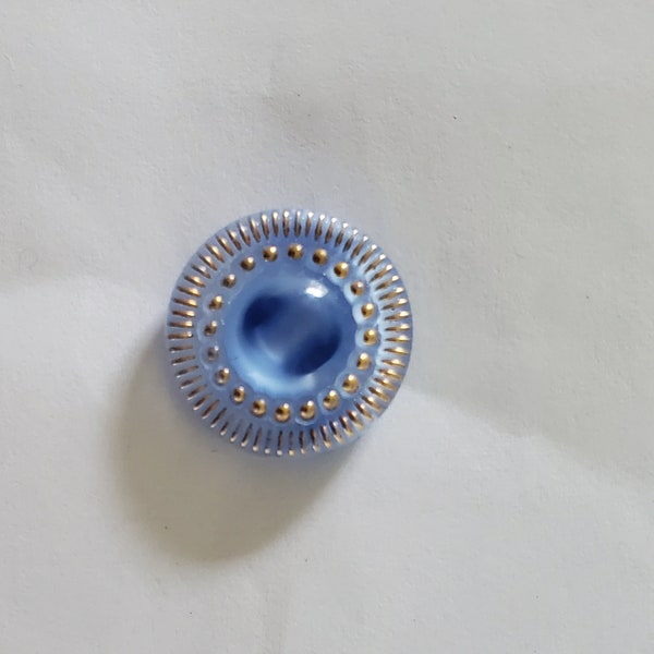 Round Antique Blue Glass - Gold Color Beaded Metal Trim - Dome Buttons Germany - US Zone 30L - 3/4" - 19mm Crafts Sewing Jewelry Knit B113A