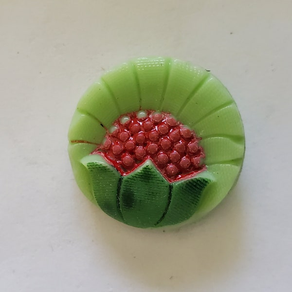 Round Green Milk Glass with Red Painted Berries - Self Shank Back Vintage Buttons 30L - 3/4" - 19mm Crafts Sewing Jewelry Knit Crochet B335