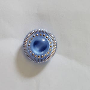 May include: A pale blue button with a gold rim and centre. The button features a circular design with gold dots and vertical lines around the edge. The centre of the button is a darker shade of blue.