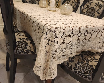 Vintage Crochet Lace Tablecloth Handmade, Cotton Table Cover Lace