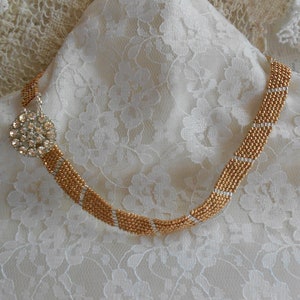 Copper Collar, Glamorous Rhinestone Studded Button Accented Collar, Seed Bead Jewelry, Brick Stitch Jewelry, Formal Jeweled Necklace,