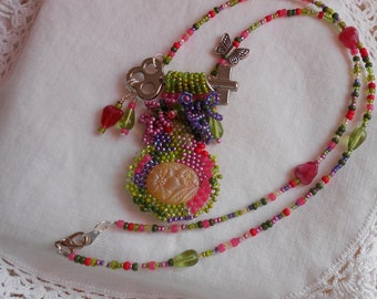 Secret Garden Key Pendant, Free Form Beading, Colorful Seed Bead Necklace, Handcrafted Gift for Her, Spring Garden Jewelry