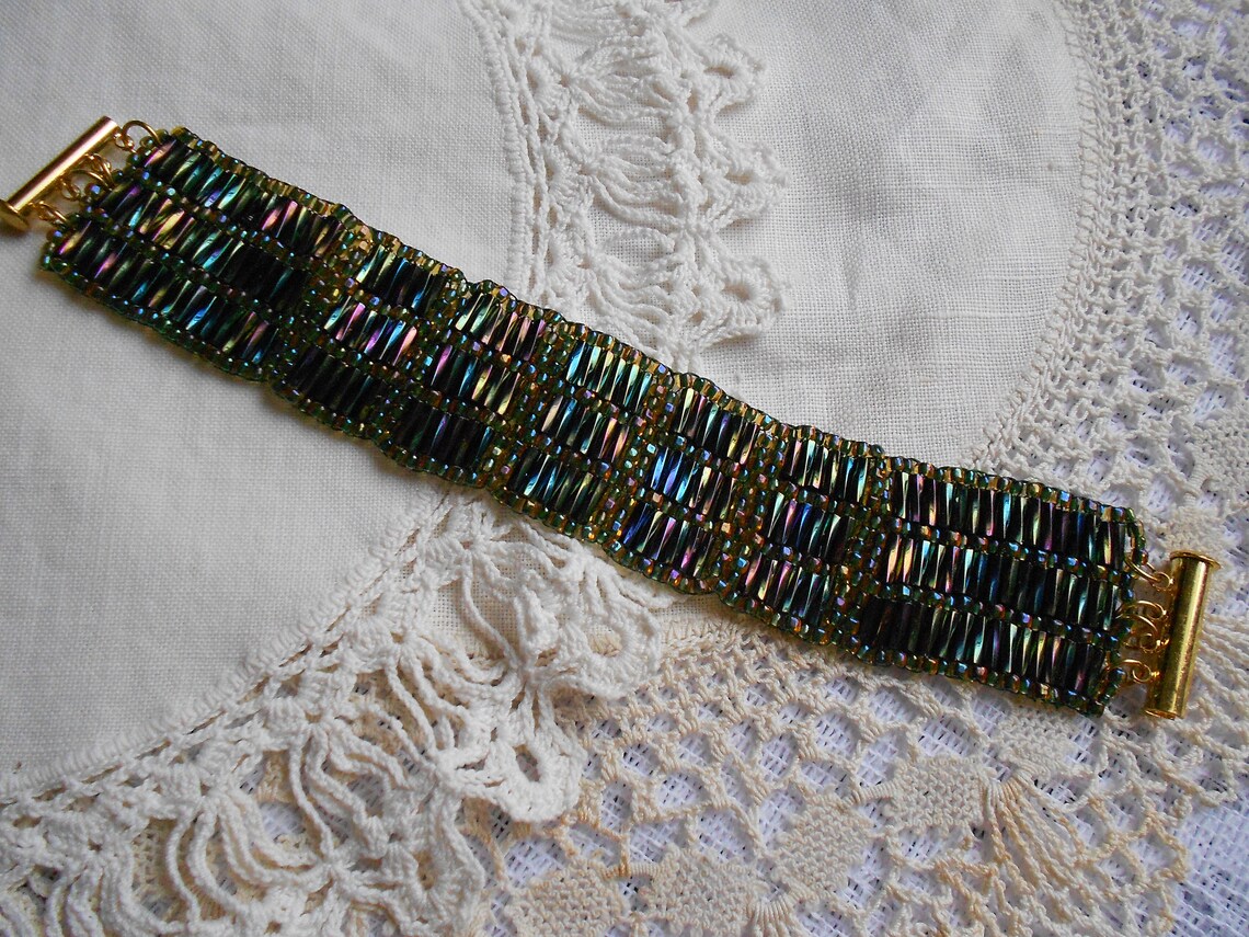 Green Twisted Bugle Bead Cuff Bracelet Seed Bead Jewelry Etsy